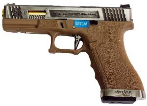 Пистолет WE GLOCK-17 G-Force металл, TAN рамка, хром слайд, золоченый ствол 1945 - фото 9413